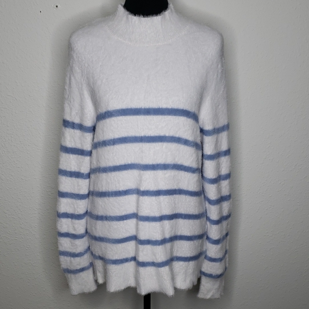 Bailey 44 Mockneck Fuzzy Soft Stripes Stretchy Tunic Sweatshirt Size L Cozy
